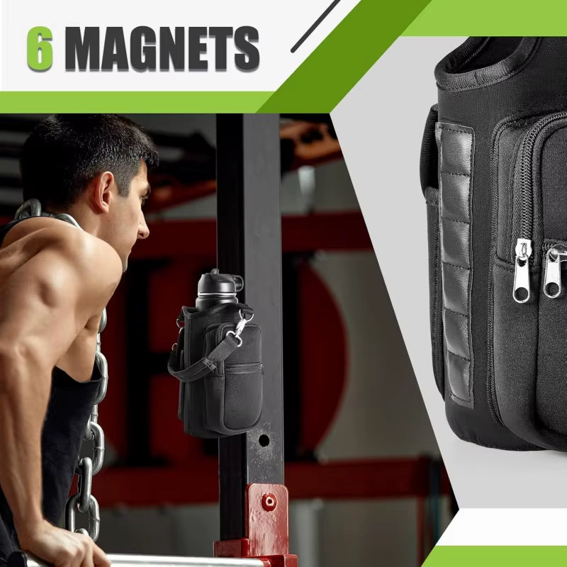 Magnetic Water Bottle Holder with Phone Pocket, Shoulder Strap, and Six Built-In Magnets