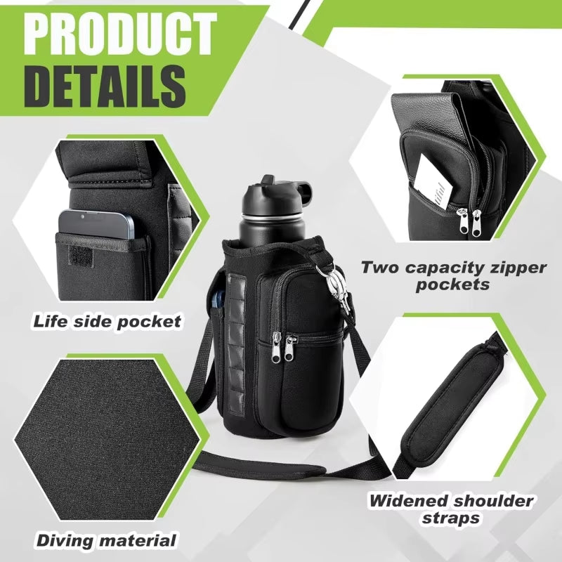 Magnetic Water Bottle Holder with Phone Pocket, Shoulder Strap, and Six Built-In Magnets